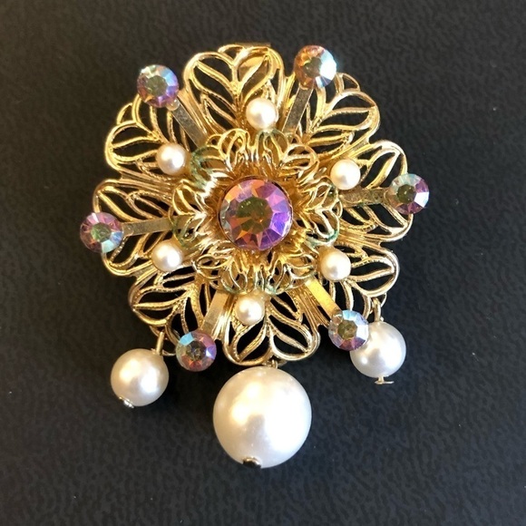 VTG Faux pearl and AB crystal Brooch - Picture 1 of 4